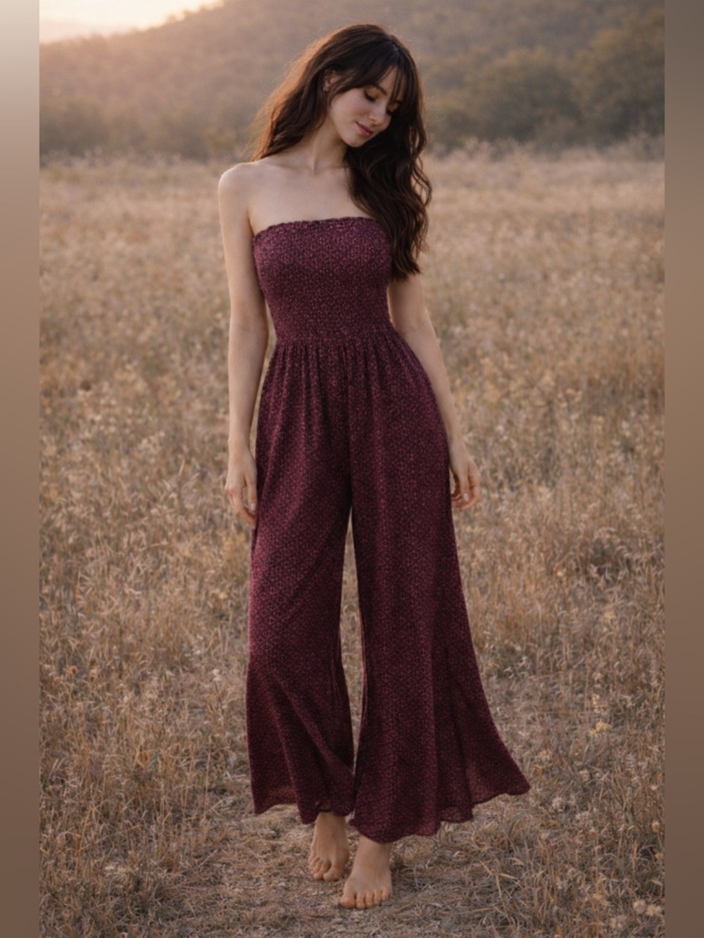 Hollister Golden Dusk Burgundy Strapless Boho Romper Flowy Wide Leg Meadowlight